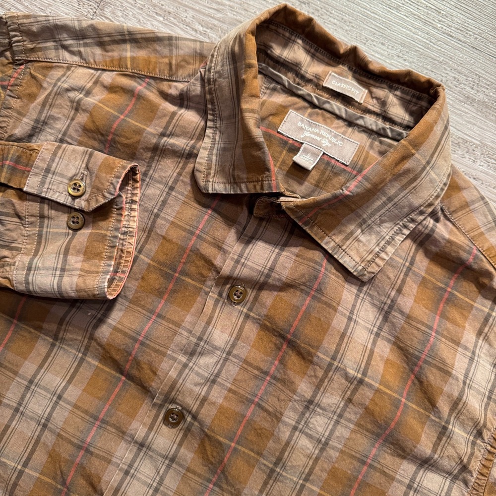 Banana Republic Shirt Mens S Brown Plaid Cotton Classic Fit Garment Dye Casual